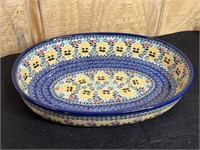 13in. Polish Ceramic Handmade Bowl Yellow Blue