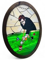 Oval Leaded Stained Glass Window of Pool Player.