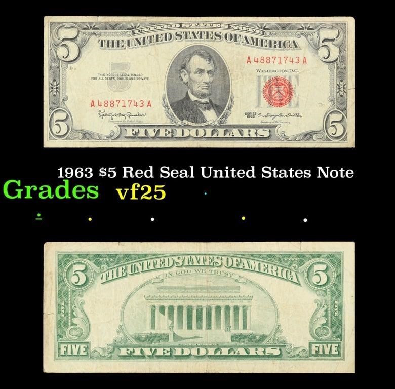 1963 $5 Red Seal United States Note Grades vf+