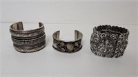 (3) Silver Tone Wide Cuff Bracelets