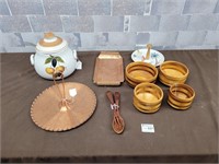 Copperware, large canister, wood bowl set