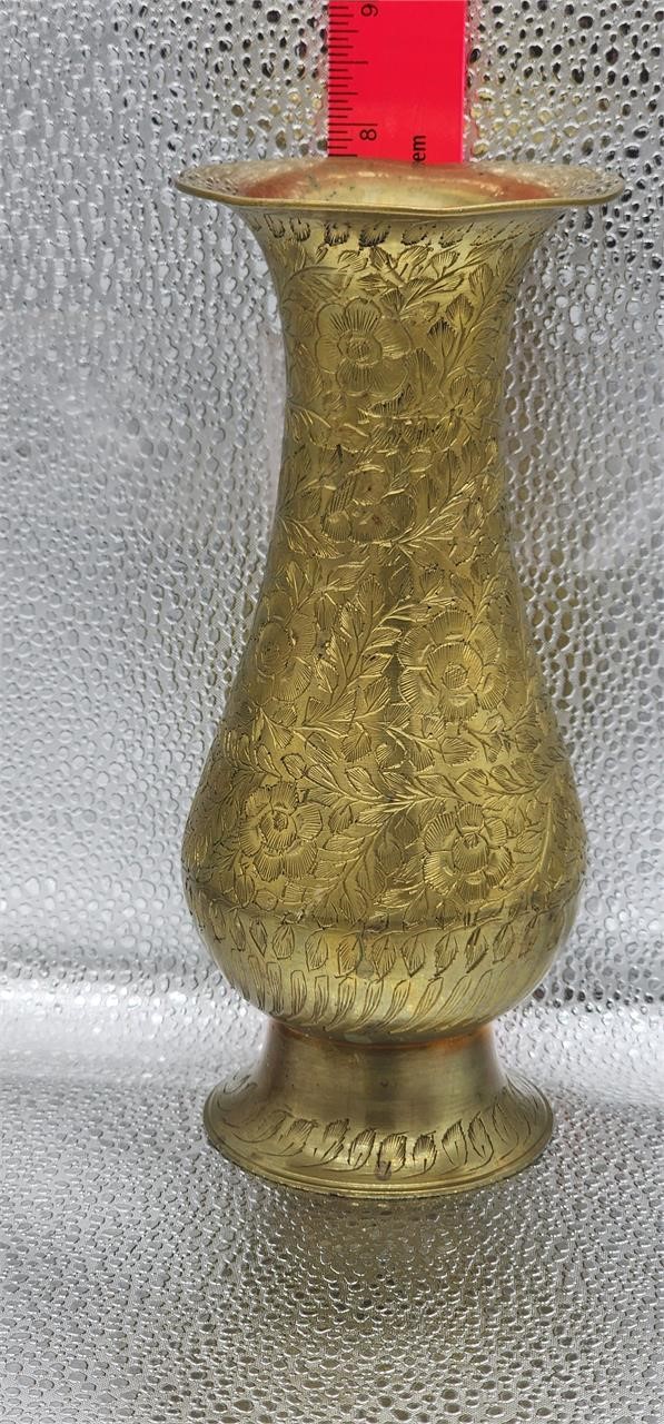 Vintage Etched Floral Brass Vase