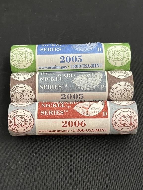 3 Rolls Of Jefferson Nickels (2005, 2005D, 2006D)