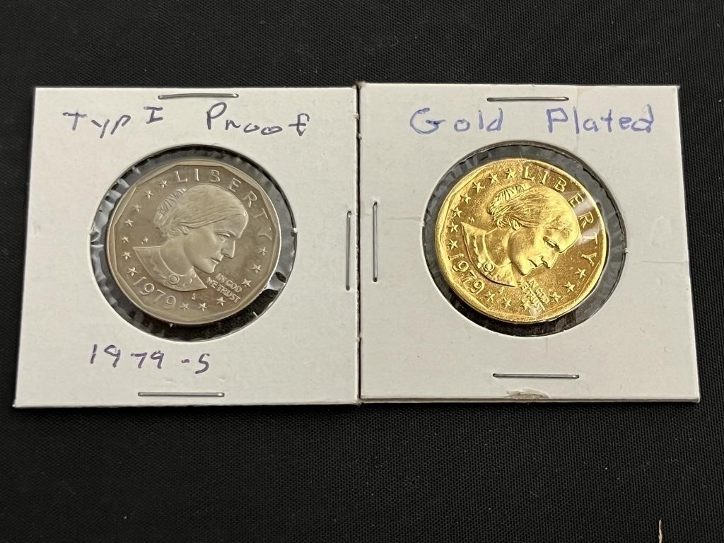 2 1979 Susan Anthony Dollars Type 1 & Gold Plated