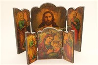 TWO WOODEN TRIPTYCH PAINTED ICONS