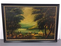 Painting of cows by lake
