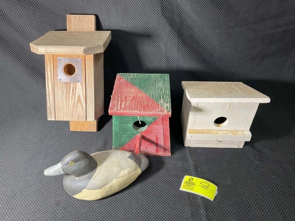GROUP OF THREE BIRD HOUSES AND A WOODEN DUCK BY GE