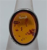 Sterling Silver Baltic Amber Ring, Signed CT