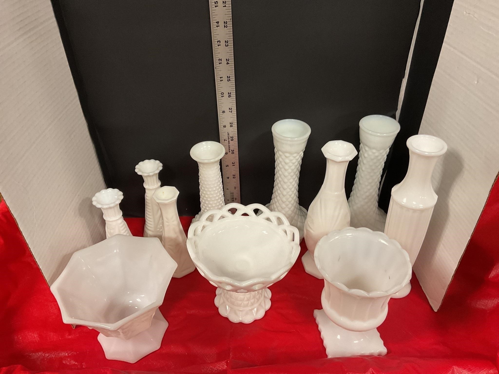 Milk glass vases and bowls