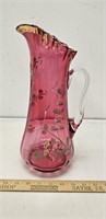 Cranberry Glass Hand Decorated Pitcher- 12.5"