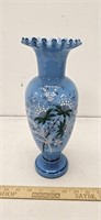 Mouth Blown & Hand Decorated Blue Vase- 12" Tall-