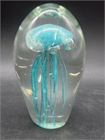 1980s Clear Glass Blue Jellyfish Oval Paperweight