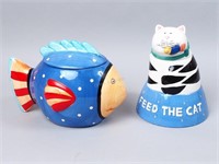Fish & "Feed The Cat" Cookie Jars