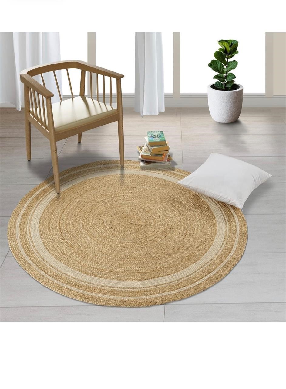 GRUHUM 6' ft Round Jute Cotton Area Rug - Natural