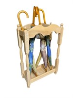 Wooden umbrella stand with 5 umbrellas