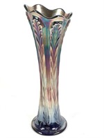 Carnival Glass Dark Blue Plume Ruffled Vase