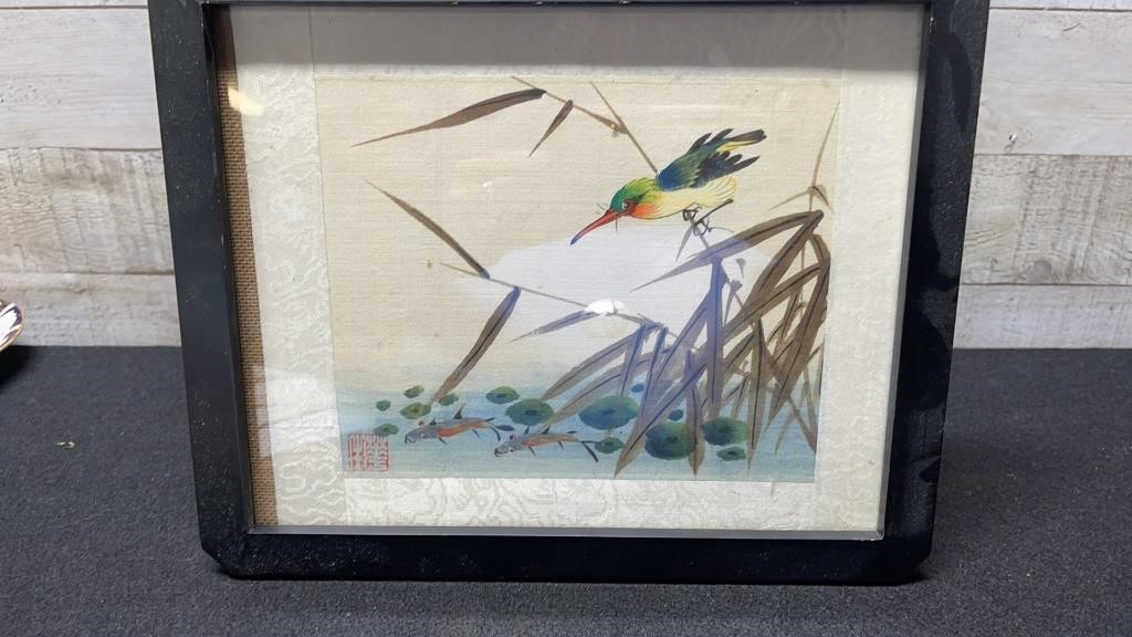 Asian Silk Art Of Bird 11" X 9.5" Including Frame
