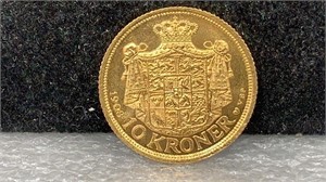 GOLD: 1908 Denmark 10 Kroner Gold Coin