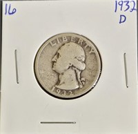 1932 D 90% Silver Washington Quarter