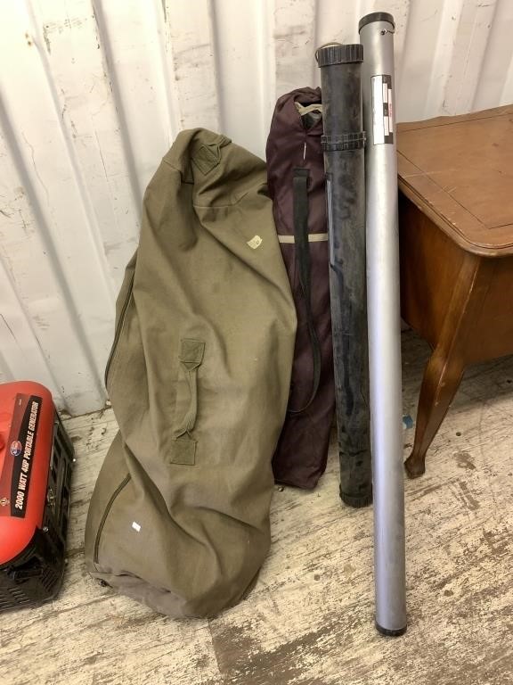 Lot with a tent, camping chair and 2 fishing poles