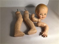 ANTIQUE COMPOSITION DOLLS BODY PARTS & HEAD w SLEE