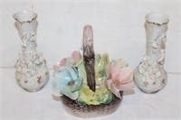 Porcelain Flower Basket & Pair of Vases
