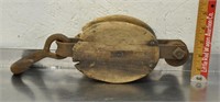 Antique wood, metal pulley with hook