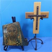 Handpainted on Wood-Jesus, 1 Cross-Both w/Stands