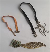 Book marks, (3)  brass, ribbon, sterling & beads
