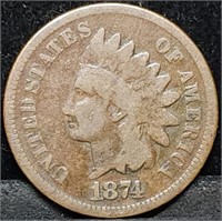 1874 Indian Head Cent, Better Date, Nice