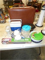 COOLER, ROLLING PIN, SUITCASE, KITCHEN ITEMS