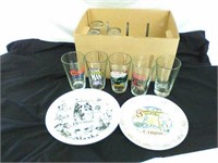 Collectible beer glasses & 2 Alaska plates