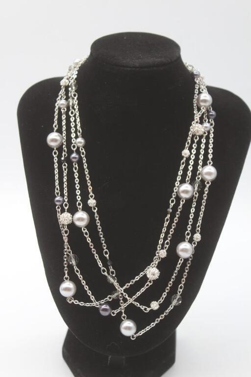 Silver Gray Black Bead with CZ Multi Layer Necklac