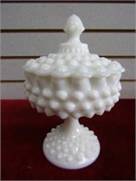 Beaded milk glass candy jar w/lid.