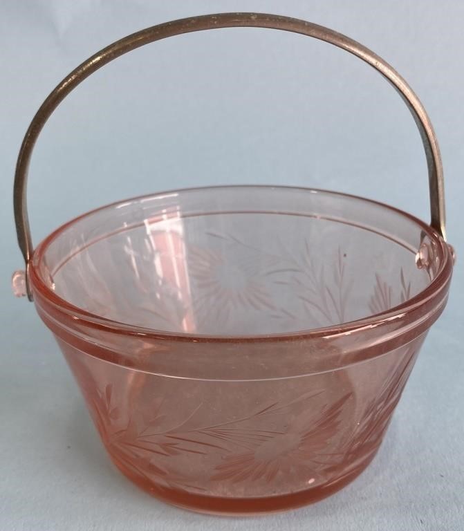 Etched Pink Glass Basket