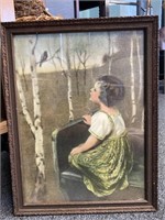Antique Framed Picture of a Girl and Bird