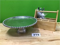 Silverware, Silverware Caddy, & Metal Cake Platter