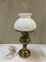Brass table lamp with milk glass shade