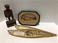 BOX: CARVED WOOD PIECES, TOY SNOW SHOES