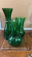 3 emerald green vases