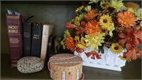 Contents of Shelf - Bibles, Flower Arrangement &