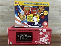 6 lbs tortilla chips and 50 pack variety chips
