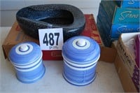BLUE ENAMEL BED PAN & 2 STORAGE CANISTERS