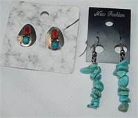 Coral and Turquoise Earrings Pierced