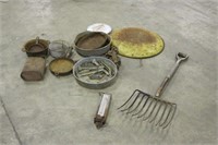 VINTAGE TOOLS WITH CAST IRON POTS, ASSORTED TIN