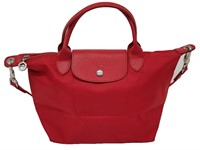 Red Nylon & Leather Top Handle Tote Bag
