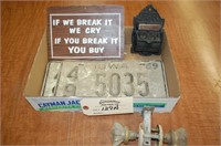 1969 Iowa License Plates, glass door knob & sign