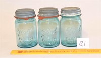 (3) Pint Size Vintage Blue Mason Jars with Zinc