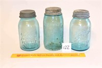 (3) Vintage Blue Mason Jars with Zinc Lids - one