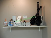 Shelf and Contents in bathroom - paper towels,